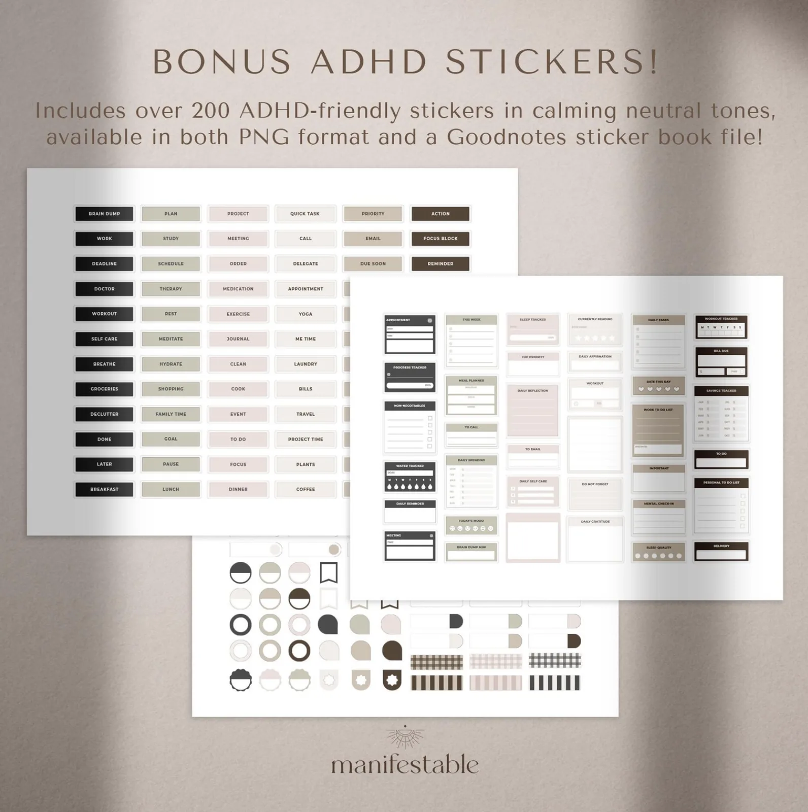 Collection of over 200 neutral ADHD-friendly digital stickers