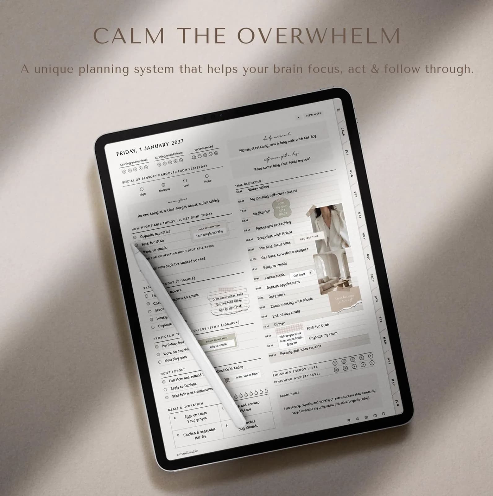 Manifestable daily planner on a tablet with calm neutral stationery