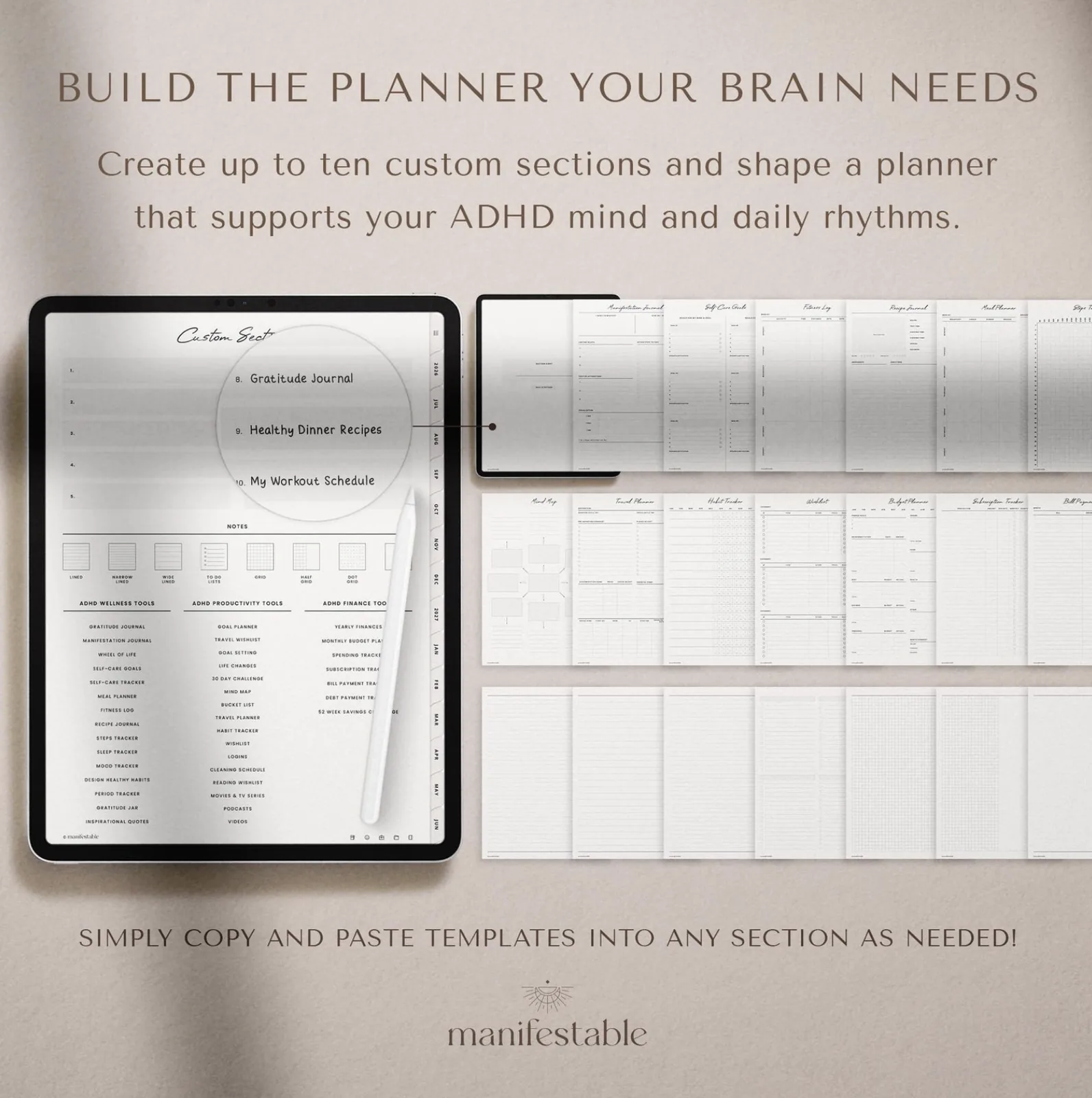 Custom planner sections and duplicateable template pages